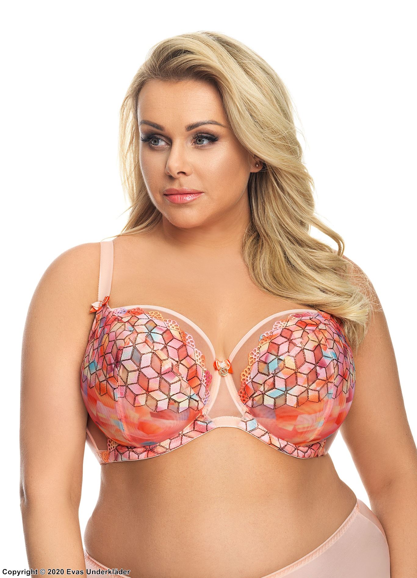 Colorful bra, mesh inlay, cubes, D to K-cup